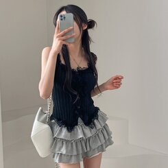 ノースリーブ レースUネッククロップニットキャミソール BLACK