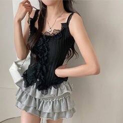 ノースリーブ レースUネッククロップニットキャミソール BLACK