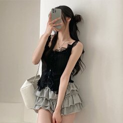 ノースリーブ レースUネッククロップニットキャミソール BLACK