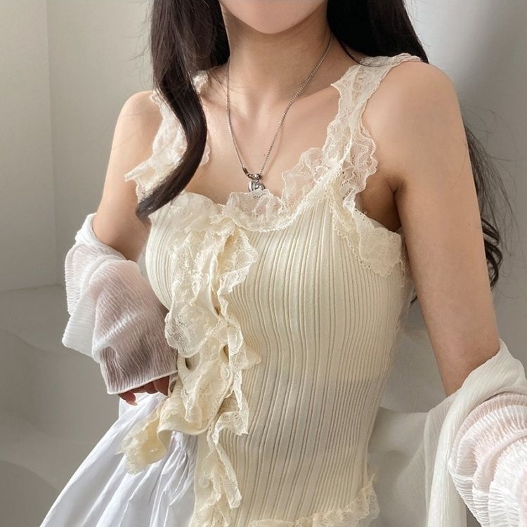 レースUネッククロップニットキャミソール BEIGE