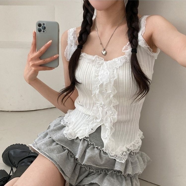 レースUネッククロップニットキャミソール IVORY