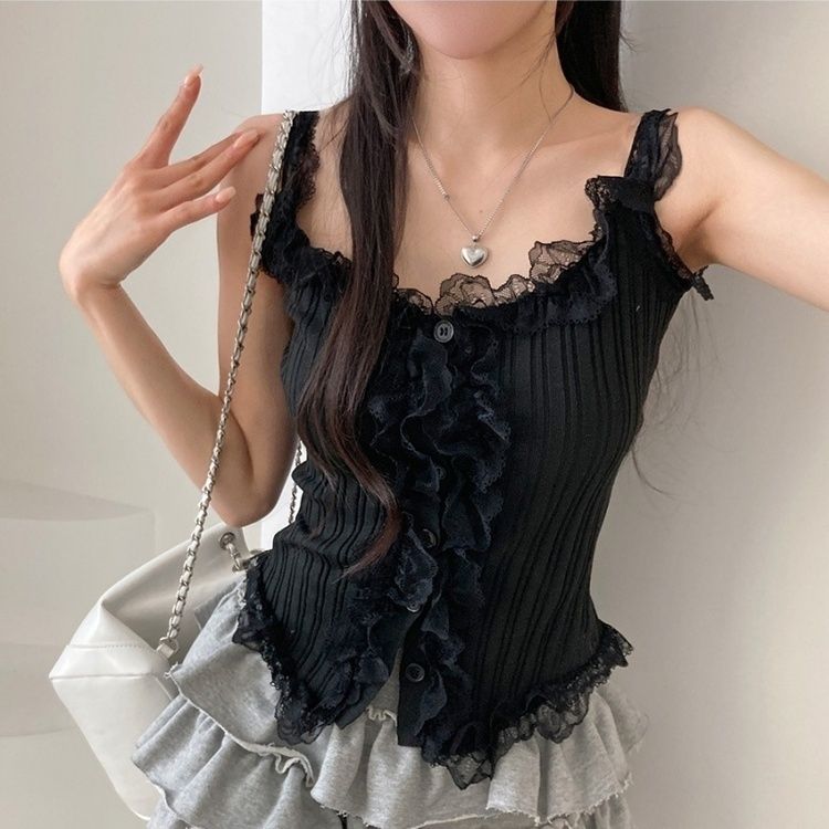 レースUネッククロップニットキャミソール BLACK
