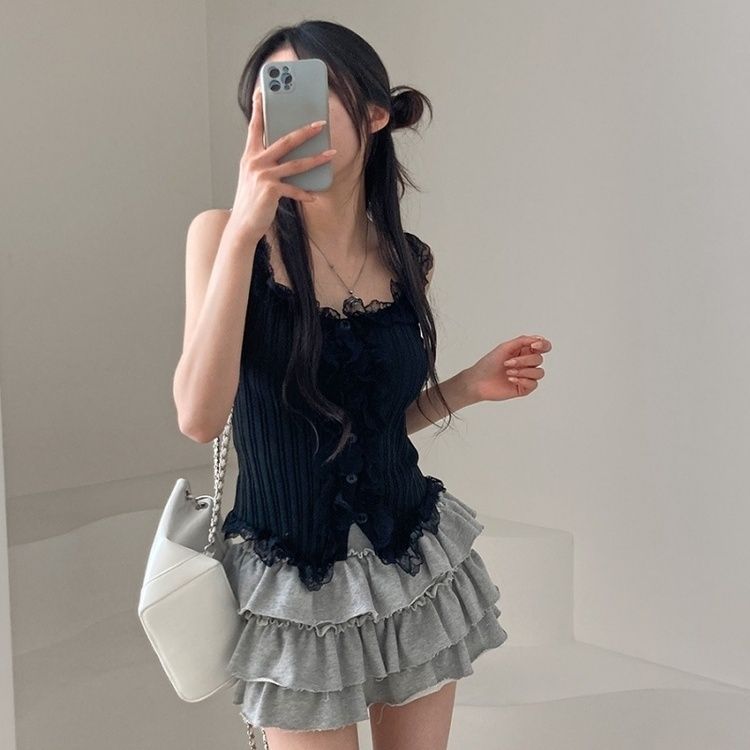 レースUネッククロップニットキャミソール BLACK