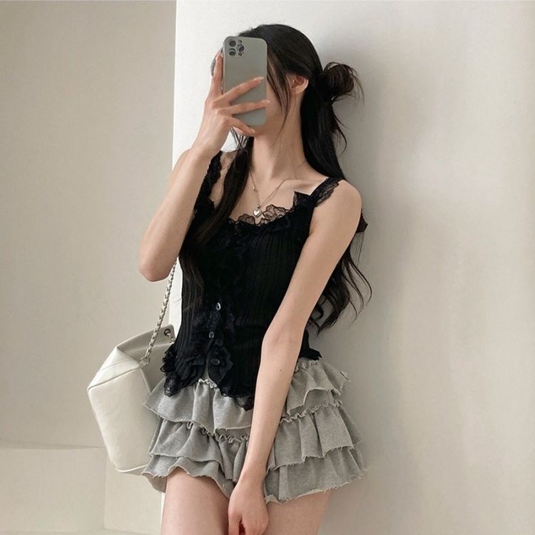 レースUネッククロップニットキャミソール BLACK