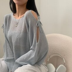 リボンショルダースリットルーズフィット長袖ニット5色 SKY BLUE