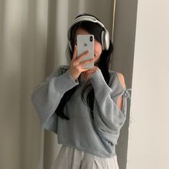 リボンショルダースリットルーズフィット長袖ニット5色 SKY BLUE