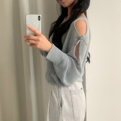 リボンショルダースリットルーズフィット長袖ニット5色 SKY BLUE