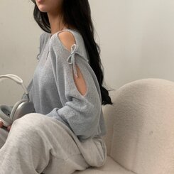 リボンショルダースリットルーズフィット長袖ニット5色 SKY BLUE