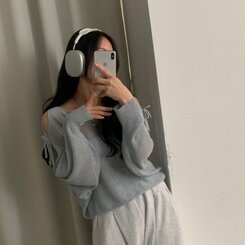 リボンショルダースリットルーズフィット長袖ニット5色 SKY BLUE