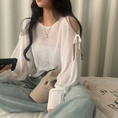 リボンショルダースリットルーズフィット長袖ニット5色 IVORY