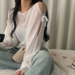 リボンショルダースリットルーズフィット長袖ニット5色 IVORY