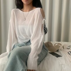 リボンショルダースリットルーズフィット長袖ニット5色 IVORY