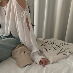 リボンショルダースリットルーズフィット長袖ニット5色 IVORY