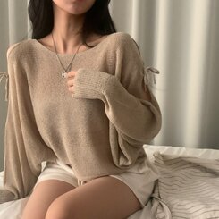 リボンショルダースリットルーズフィット長袖ニット5色 BEIGE