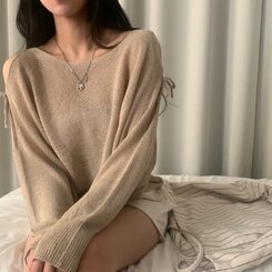 リボンショルダースリットルーズフィット長袖ニット5色 BEIGE