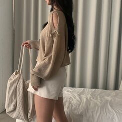 リボンショルダースリットルーズフィット長袖ニット5色 BEIGE