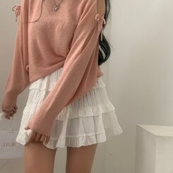 リボンショルダースリットルーズフィット長袖ニット5色 PINK