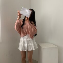 リボンショルダースリットルーズフィット長袖ニット5色 PINK