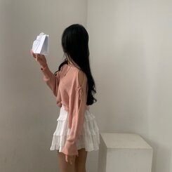 リボンショルダースリットルーズフィット長袖ニット5色 PINK
