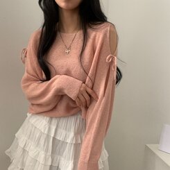 リボンショルダースリットルーズフィット長袖ニット5色 PINK
