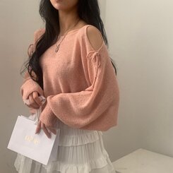 リボンショルダースリットルーズフィット長袖ニット5色 PINK