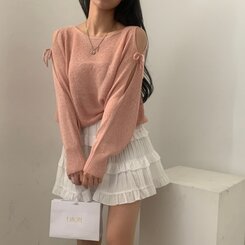 リボンショルダースリットルーズフィット長袖ニット5色 PINK