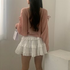 リボンショルダースリットルーズフィット長袖ニット5色 PINK