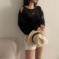 リボンショルダースリットルーズフィット長袖ニット5色 BLACK