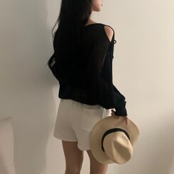 リボンショルダースリットルーズフィット長袖ニット5色 BLACK