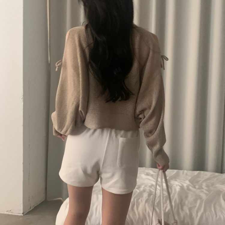 リボンショルダースリットルーズフィット長袖ニット5色 BEIGE