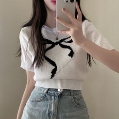 ニット リボンウエストラウンドクロップ半袖ニット IVORY