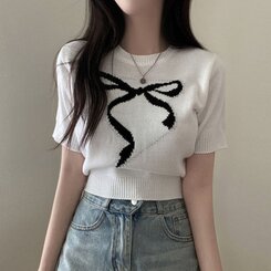 ニット リボンウエストラウンドクロップ半袖ニット IVORY