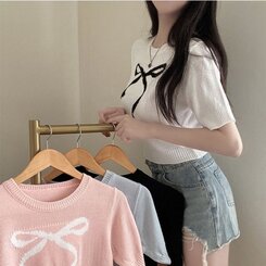 ニット リボンウエストラウンドクロップ半袖ニット IVORY