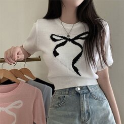 ニット リボンウエストラウンドクロップ半袖ニット IVORY