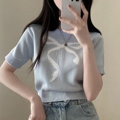 ニット リボンウエストラウンドクロップ半袖ニット AQUA