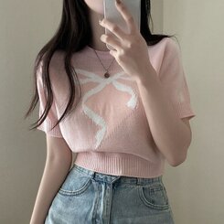 ニット リボンウエストラウンドクロップ半袖ニット PINK
