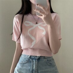 ニット リボンウエストラウンドクロップ半袖ニット PINK