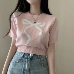 ニット リボンウエストラウンドクロップ半袖ニット PINK