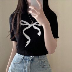 ニット リボンウエストラウンドクロップ半袖ニット BLACK