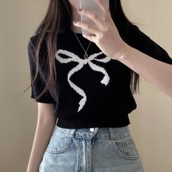ニット リボンウエストラウンドクロップ半袖ニット BLACK