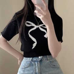 ニット リボンウエストラウンドクロップ半袖ニット BLACK