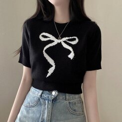 ニット リボンウエストラウンドクロップ半袖ニット BLACK