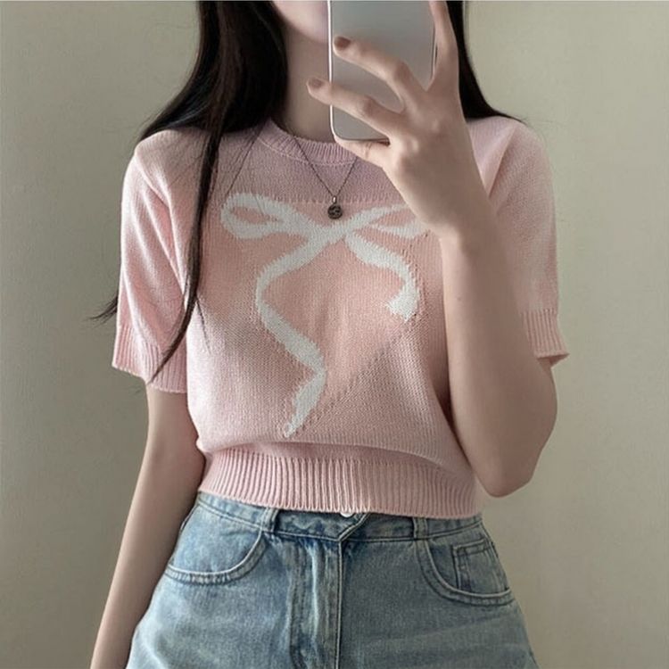 リボンウエストラウンドクロップ半袖ニット PINK