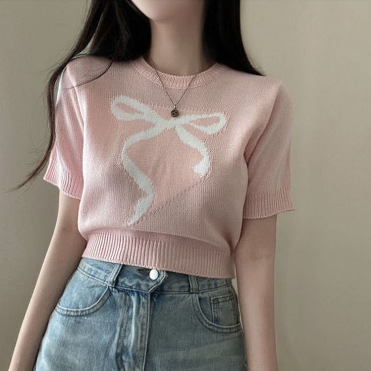 リボンウエストラウンドクロップ半袖ニット PINK