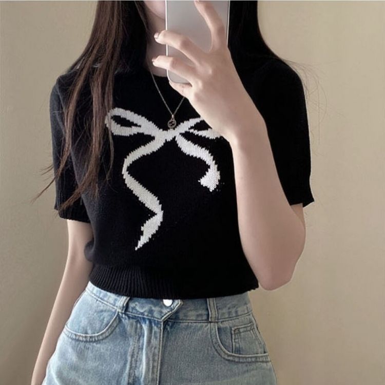 リボンウエストラウンドクロップ半袖ニット BLACK