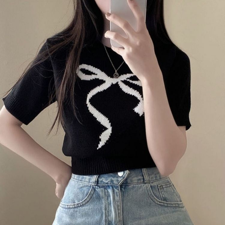 リボンウエストラウンドクロップ半袖ニット BLACK