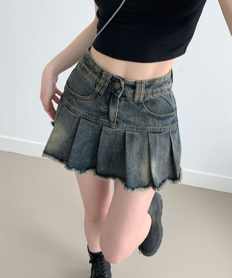 ビンテージカットダメージプリーツデニムミニスカートパンツ｜ミニ