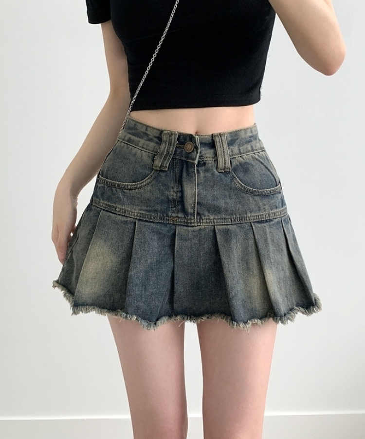 ビンテージカットダメージプリーツデニムミニスカートパンツ｜ミニ