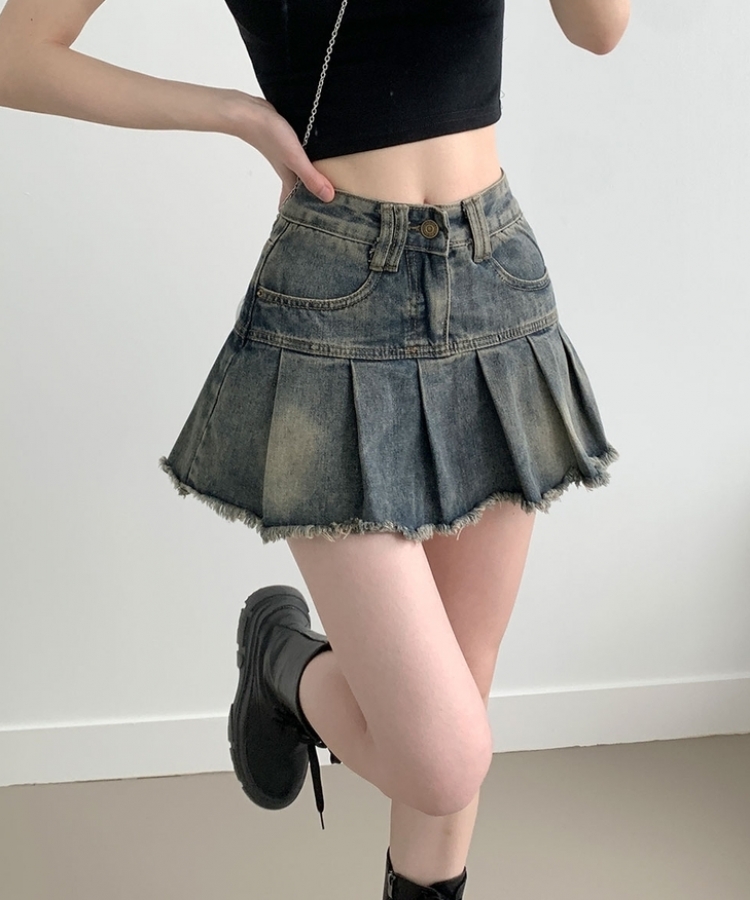 ビンテージカットダメージプリーツデニムミニスカートパンツ｜ミニ