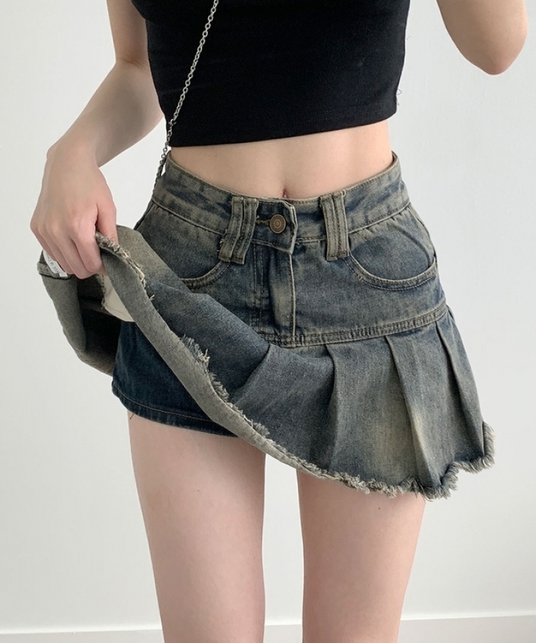 ビンテージカットダメージプリーツデニムミニスカートパンツ｜ミニ